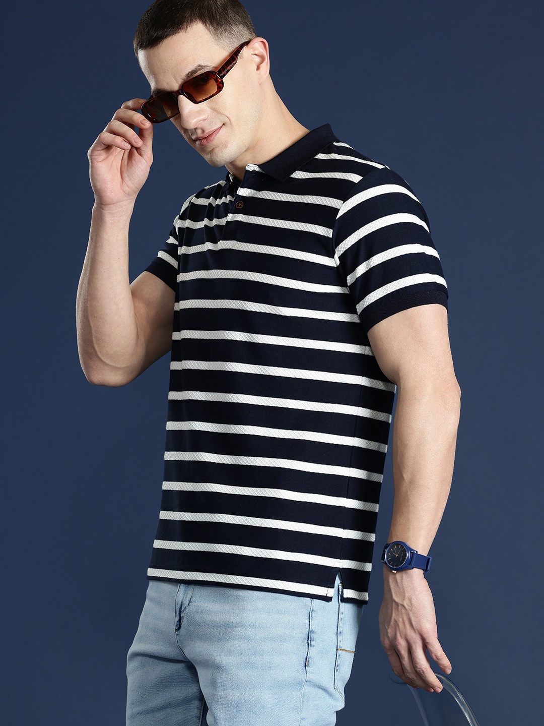 

Mast & Harbour Men Striped Polo Collar T-shirt, Navy blue
