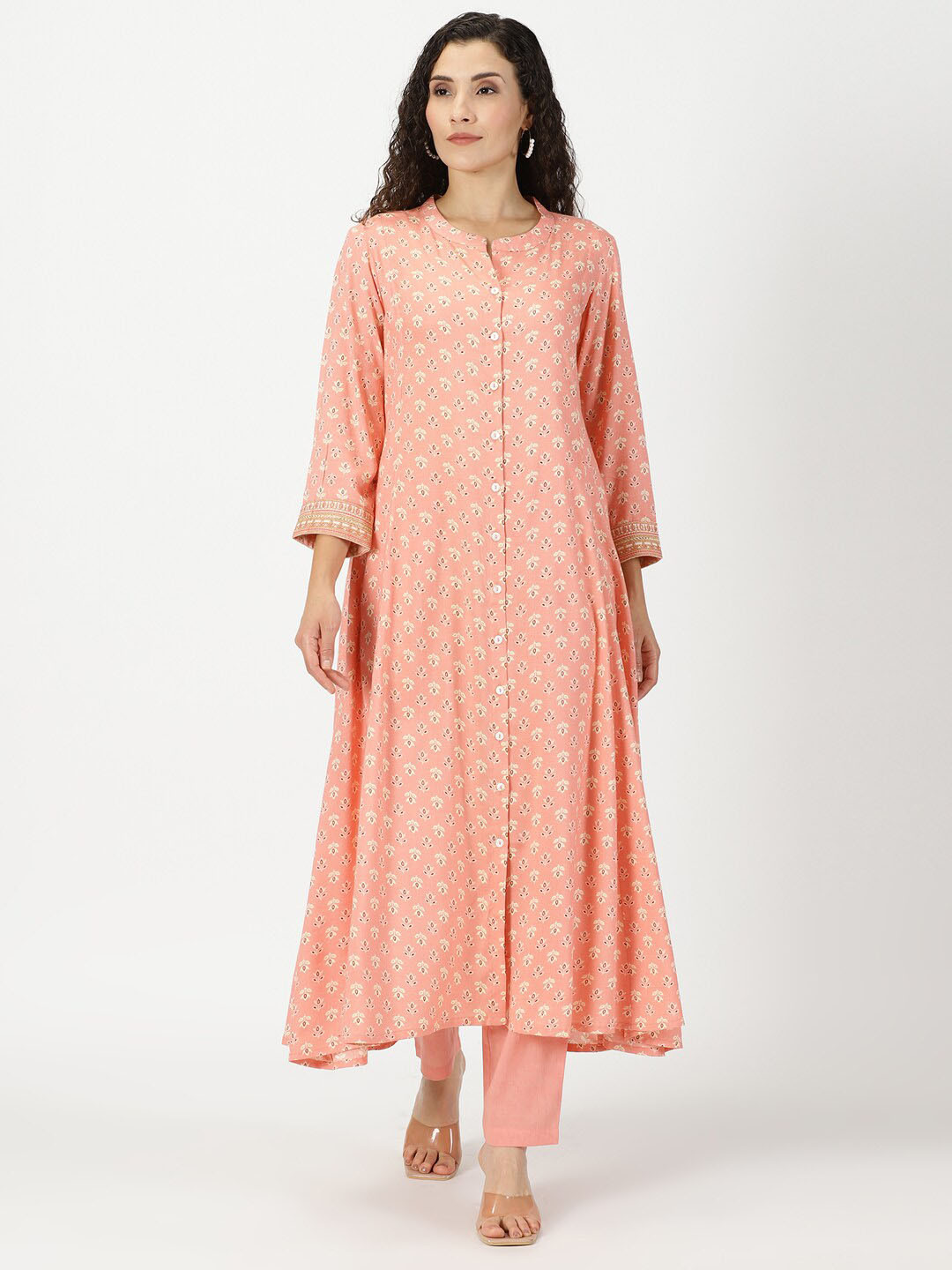

Saffron Threads Floral Printed Embroidery Button-Down Kurta, Peach
