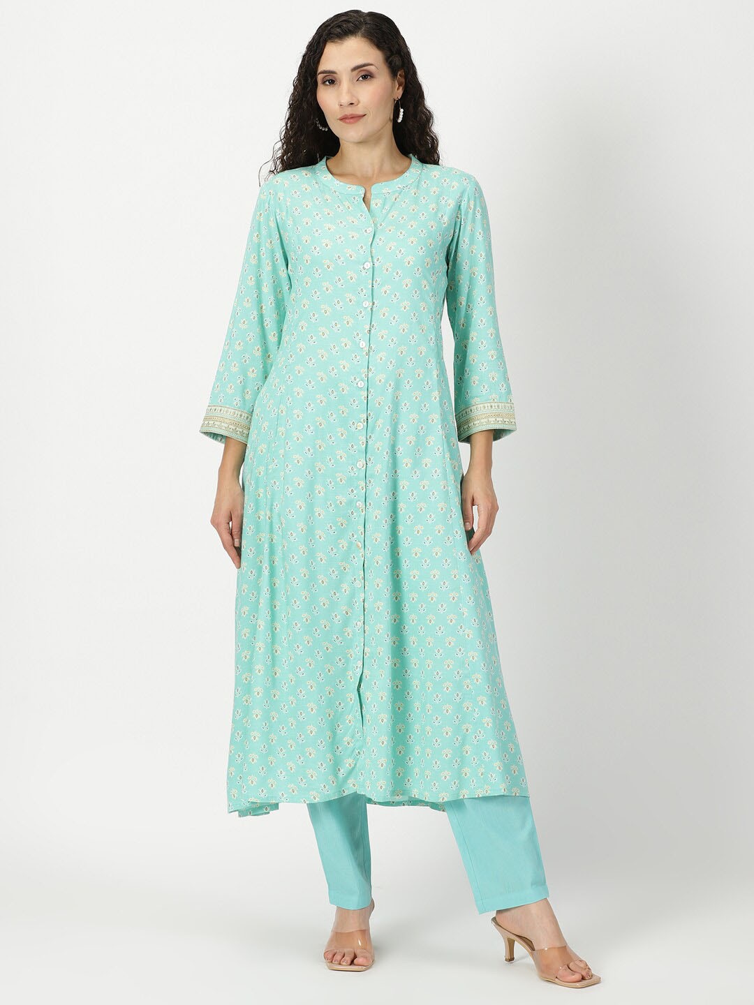 

Saffron Threads Floral Printed Embroidery Button-Down Kurta, Sea green