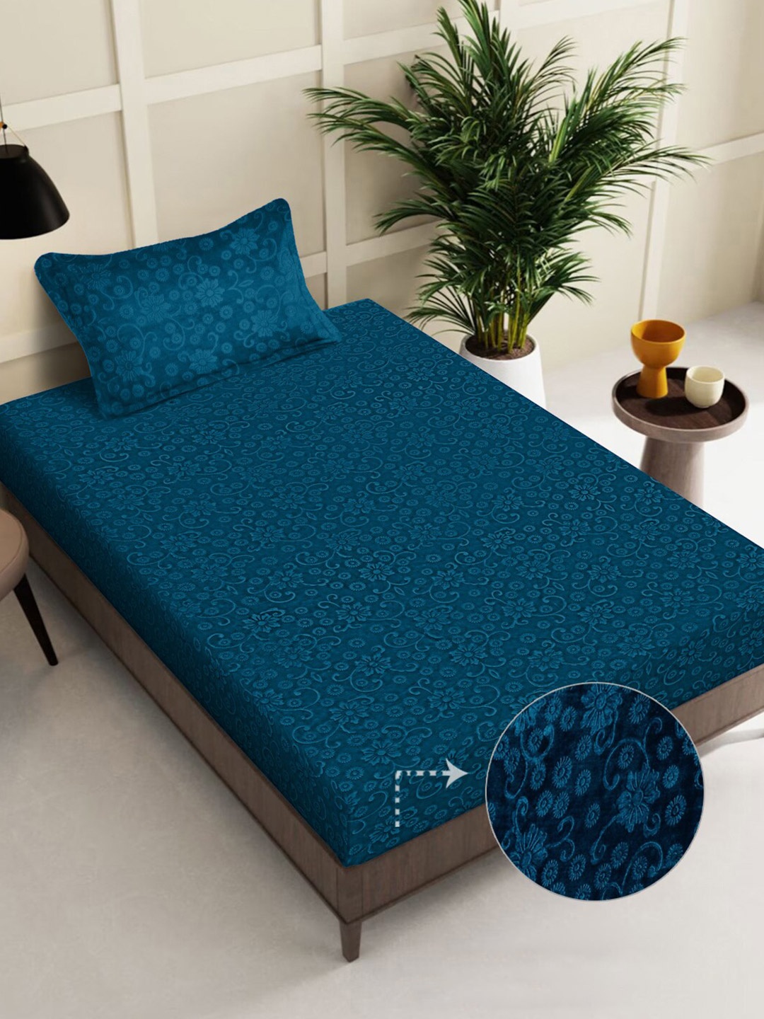 

FABINALIV Teal Floral 300 TC Woollen Embossed Single Bedsheet with Pillow Cover