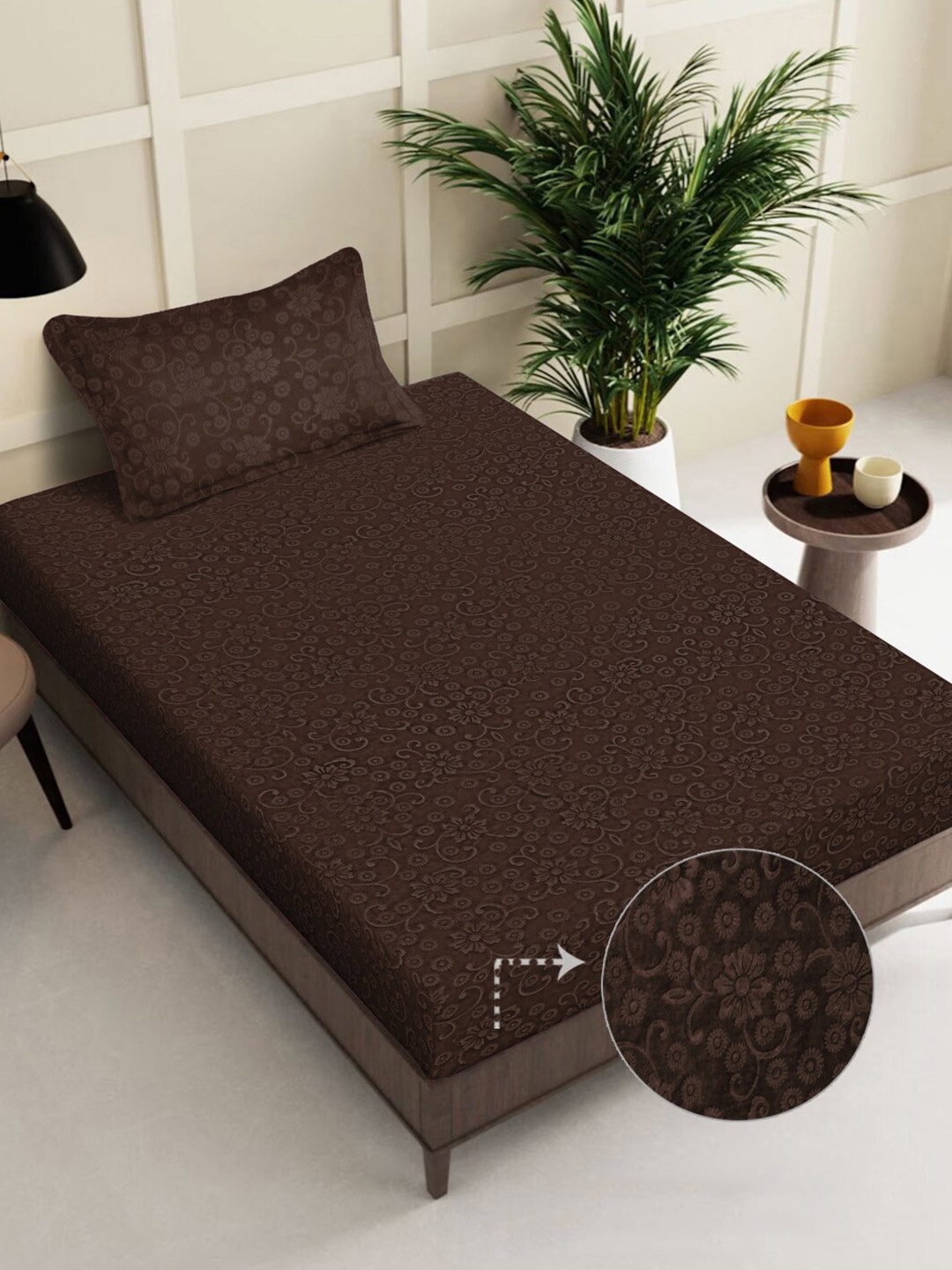 

FABINALIV Coffee Brown Floral 300 TC Woollen Embossed Single Bedsheet with Pillow Cover