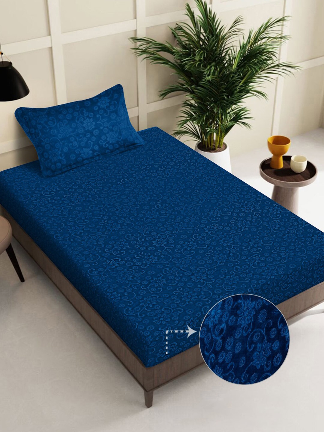 

FABINALIV Navy Blue Floral 300 TC Woollen Embossed Single Bedsheet with Pillow Cover