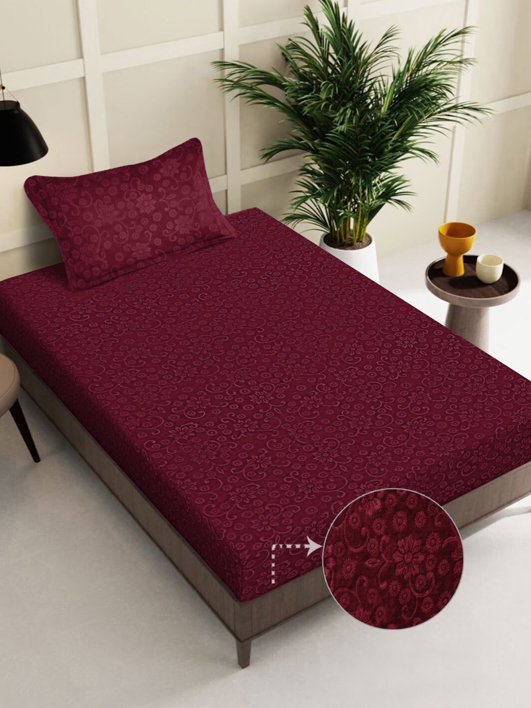 

FABINALIV Maroon Floral 300 TC Woollen Embossed Single Bedsheet with Pillow Cover