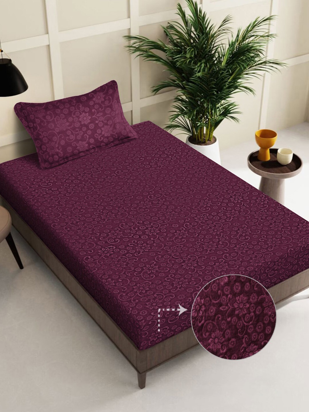

FABINALIV Burgundy Floral 300 TC Woollen Embossed Single Bedsheet with Pillow Cover