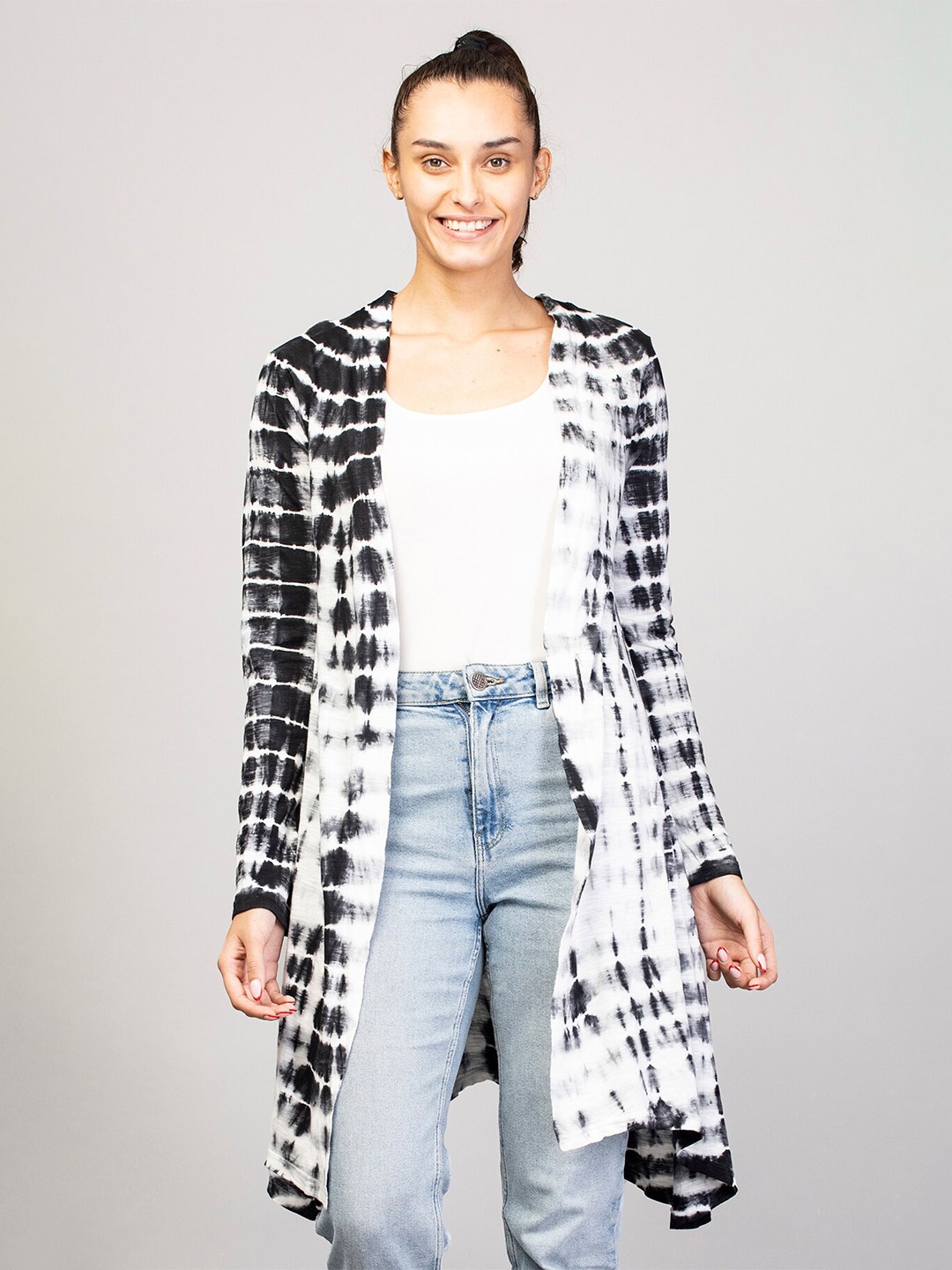 

Nimble Tie & Dye Dyed Long Sleeves Cotton Open Front Shrug, Black