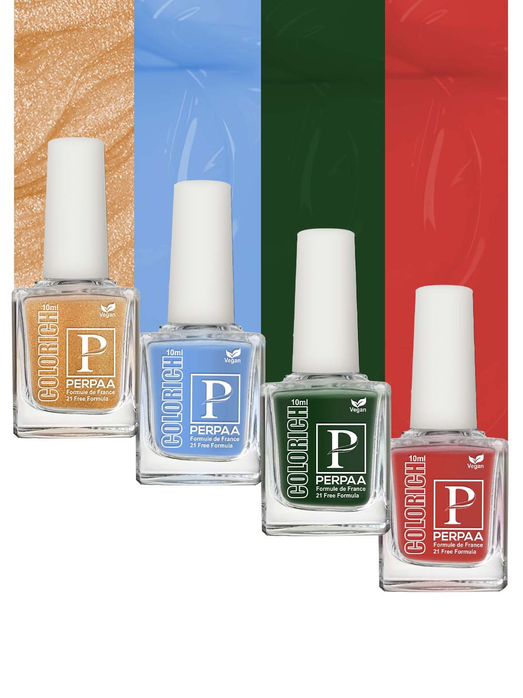 

PERPAA Colorich 4-Pcs Nail Polish - 10ml Each -Ice Blue-Golden Bliss-Bold Red-Army Green, Multi