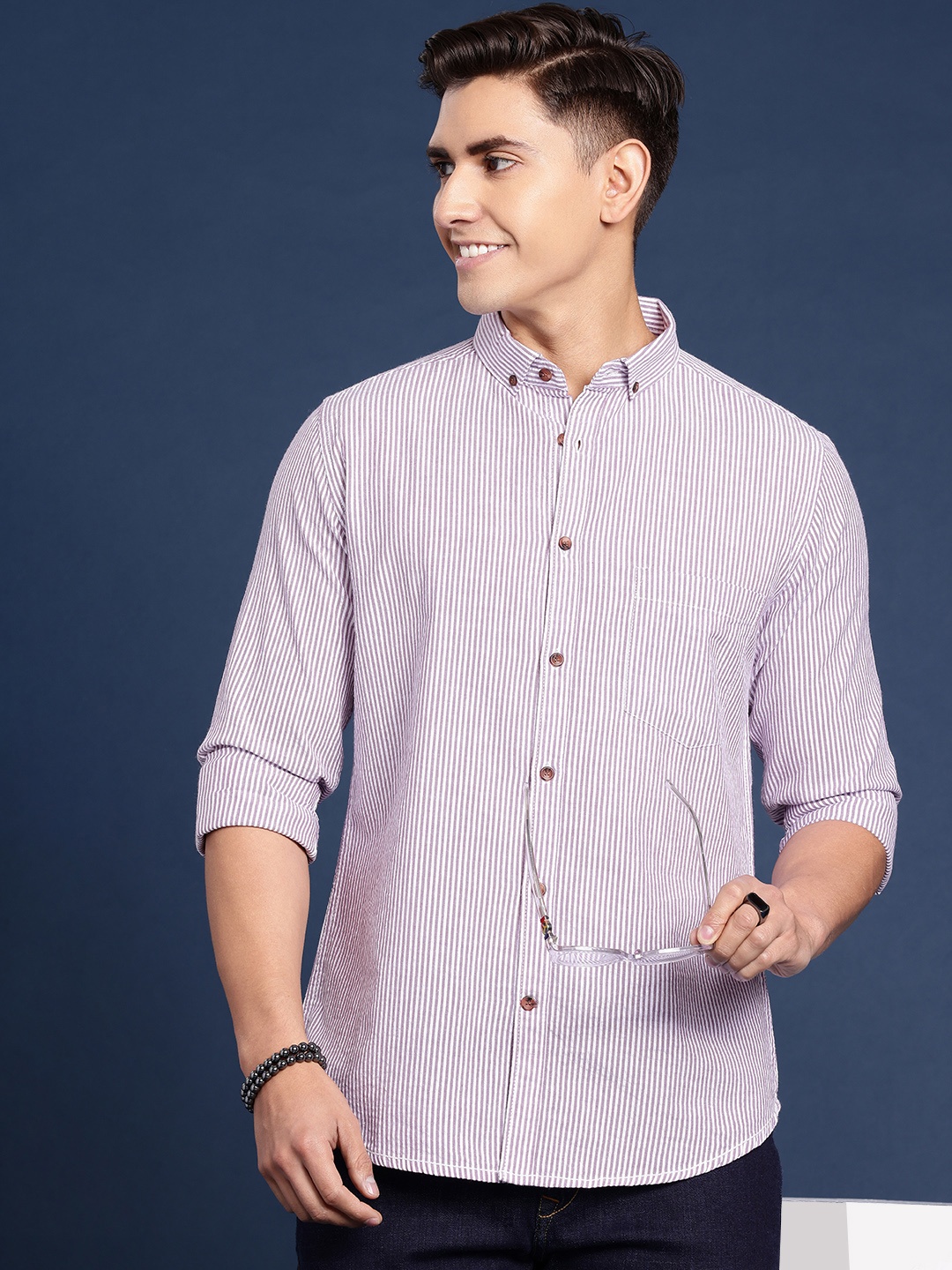 

Mast & Harbour Men Striped Casual Shirt, Purple