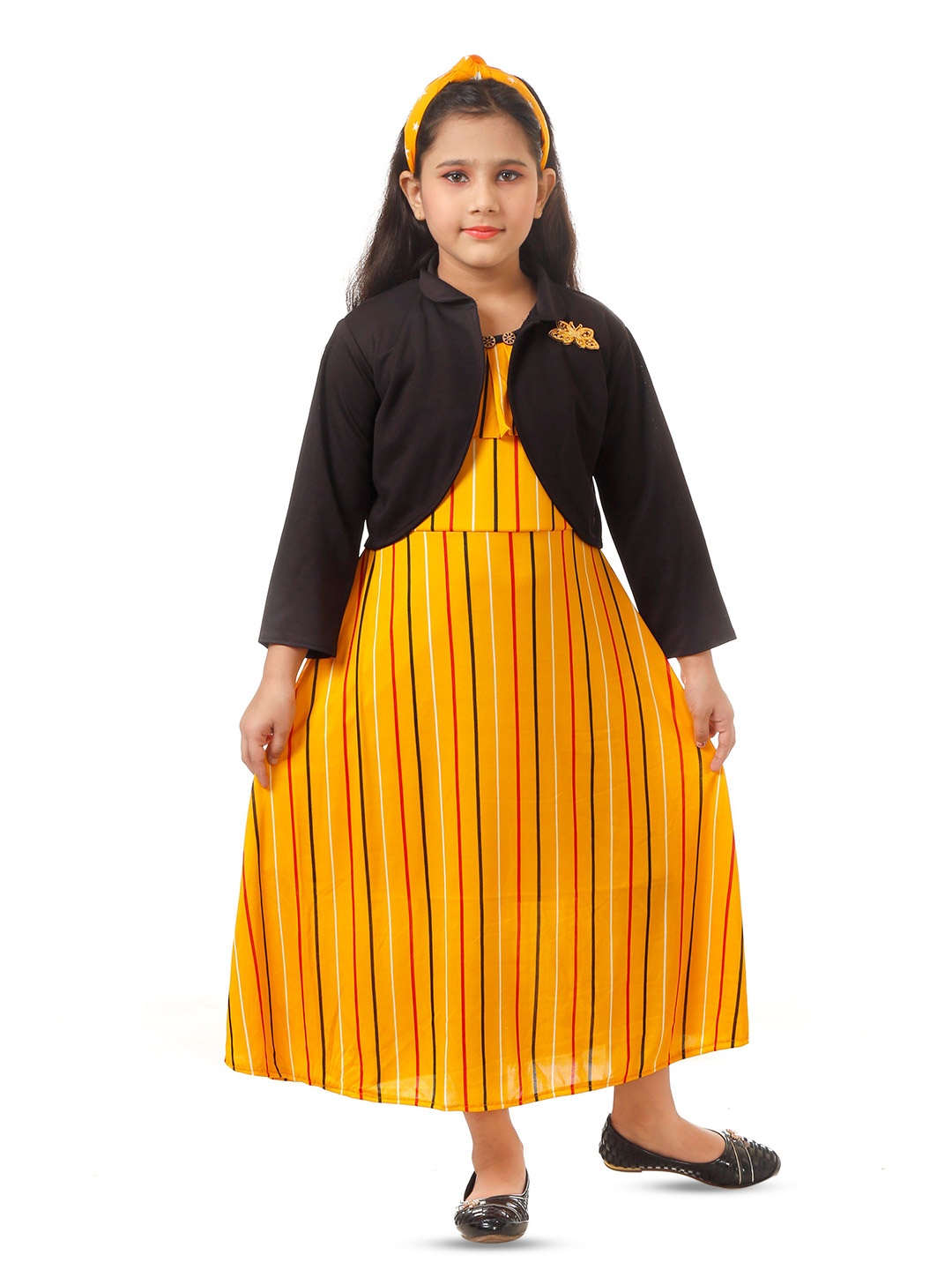 

BAESD Girls Striped Round Neck A-Line Dress With Shrug, Yellow