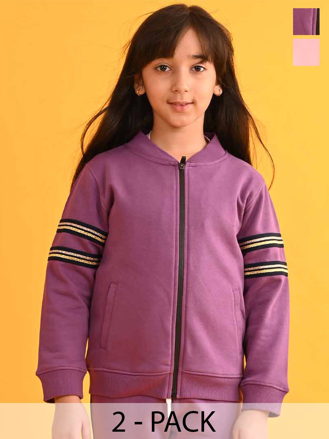 

Anthrilo Girls Pack Of 2 Mandarin Collar Long Sleeves Fleece Front-Open Sweatshirt, Purple