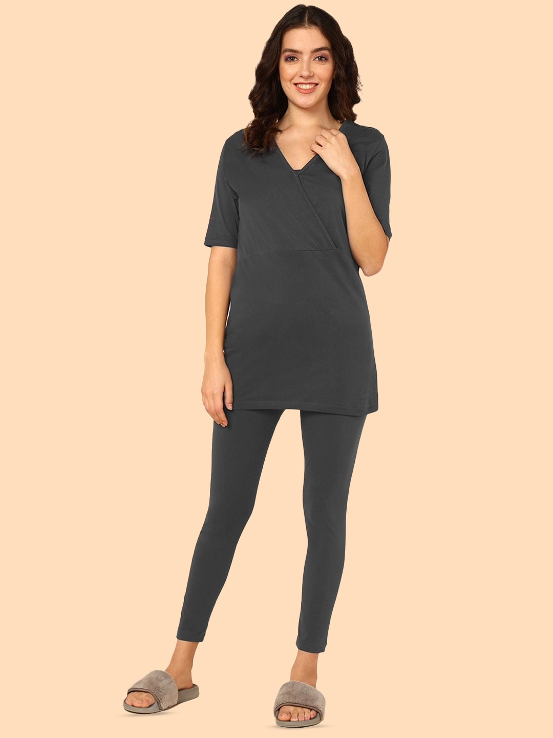 

House Of Zelena Pure Cotton Maternity Grey Night suit