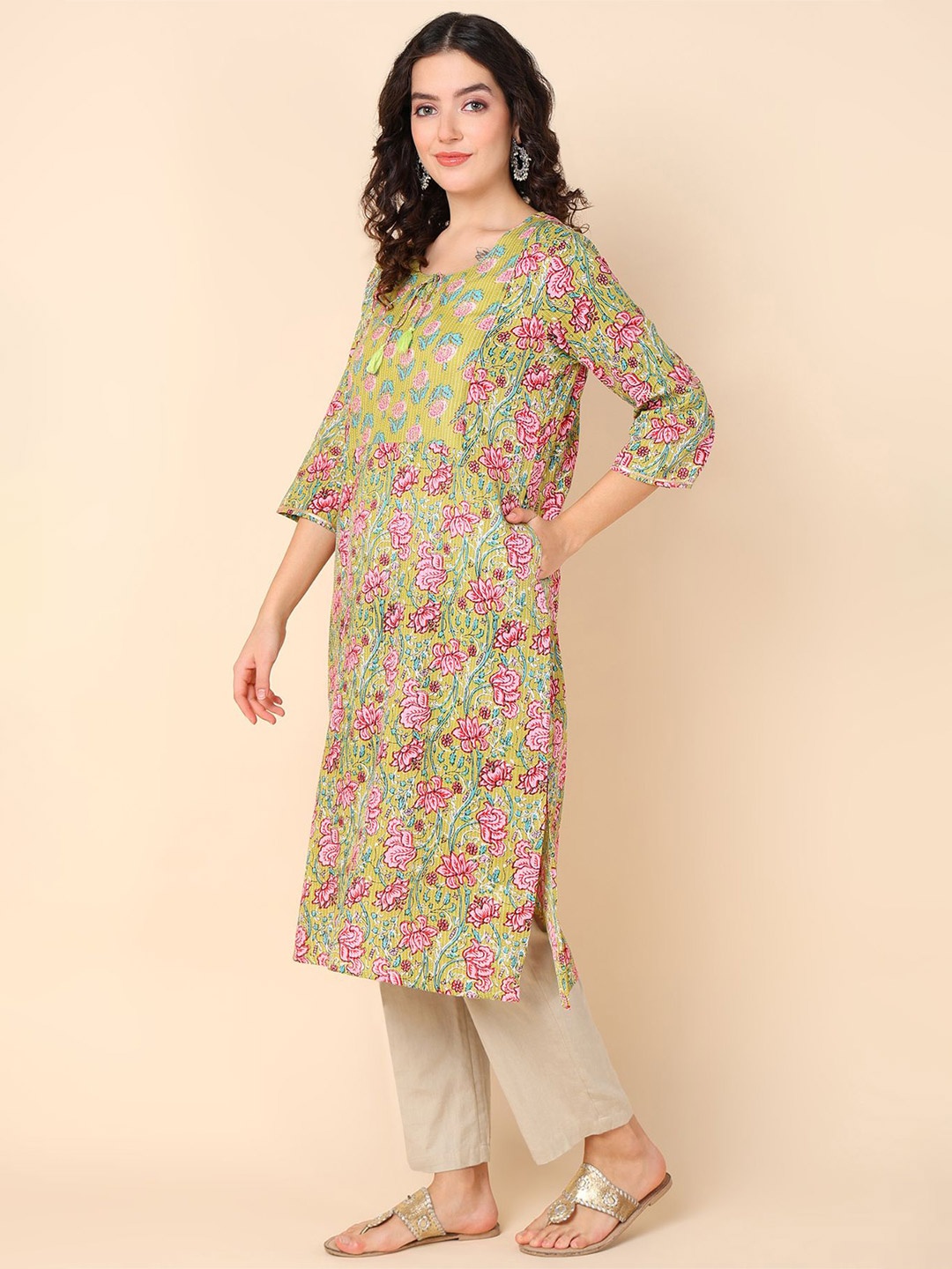 

House Of Zelena Printed Pure Cotton Maternity Kurti, Yellow