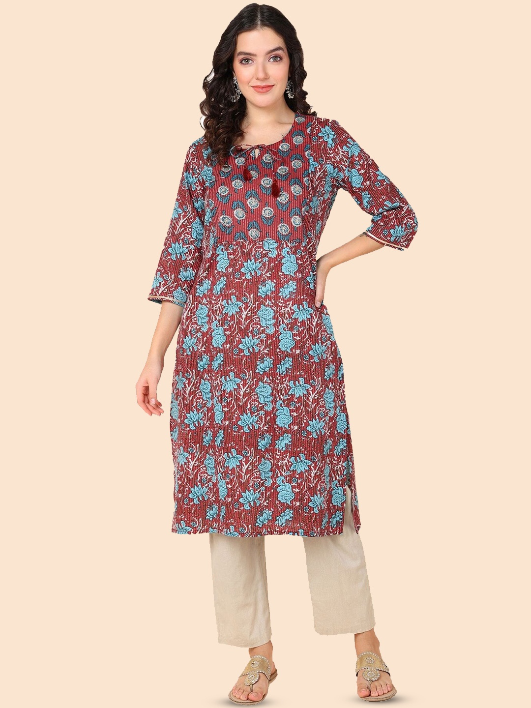 

House Of Zelena Floral Printed Pure Cotton Maternity Kurti, Maroon