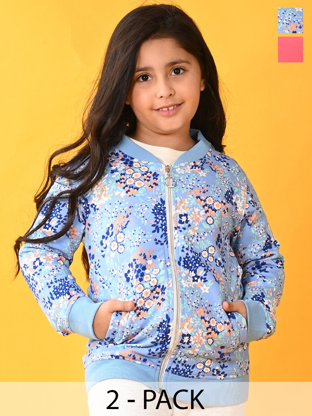 

Anthrilo Girls Pack Of 2 Printed Long Sleeves Fleece Front-Open Sweatshirt, Blue