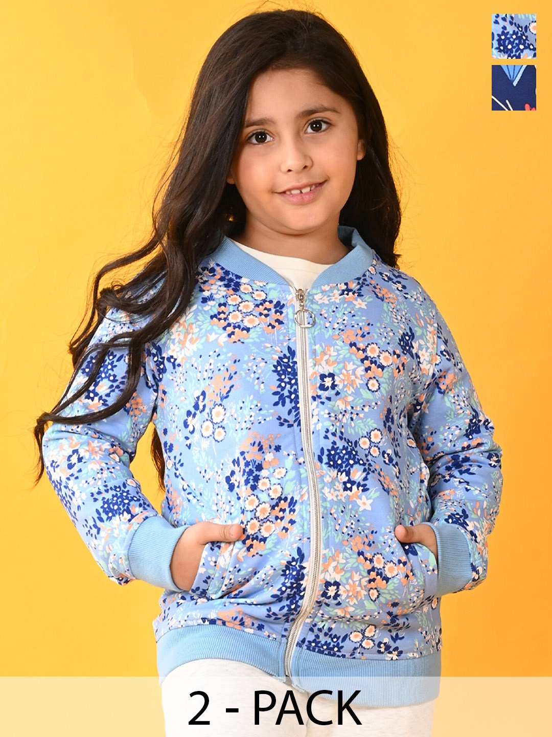 

Anthrilo Girls Pack Of 2 Floral Printed Mock Collar Fleece Sweatshirt, Blue
