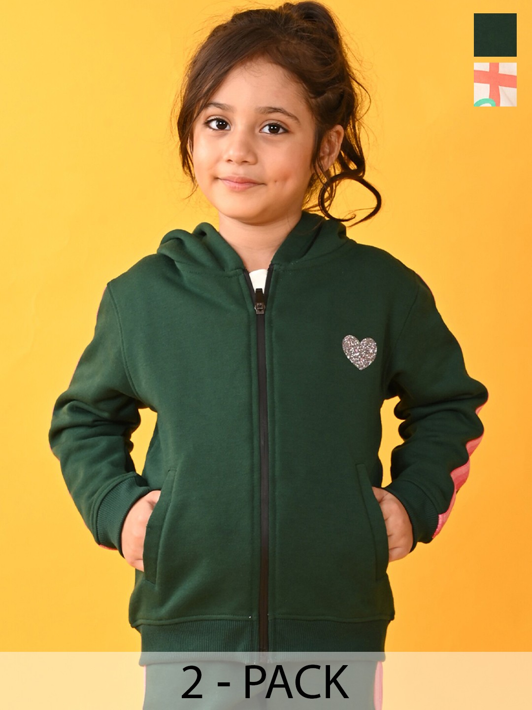 

Anthrilo Girls Pack Of 2 Printed Hooded Fleece Front Open Sweatshirt, Green