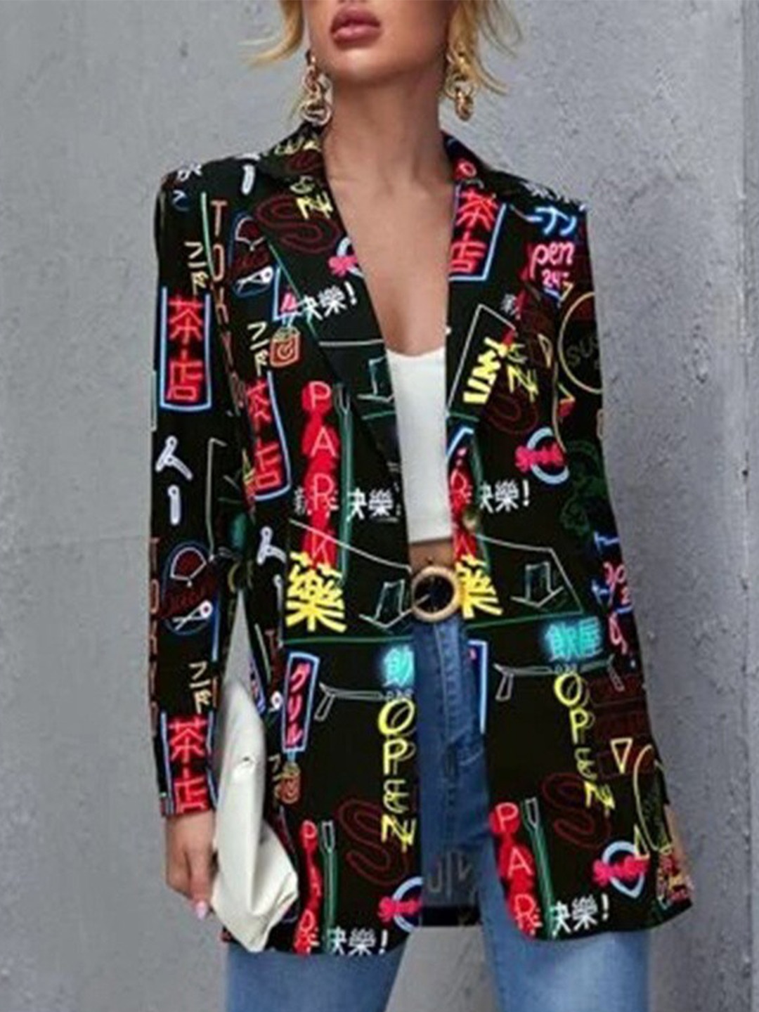 

StyleCast Black Graphic Printed Notched Lapel Single-Breasted Longline Casual Blazer