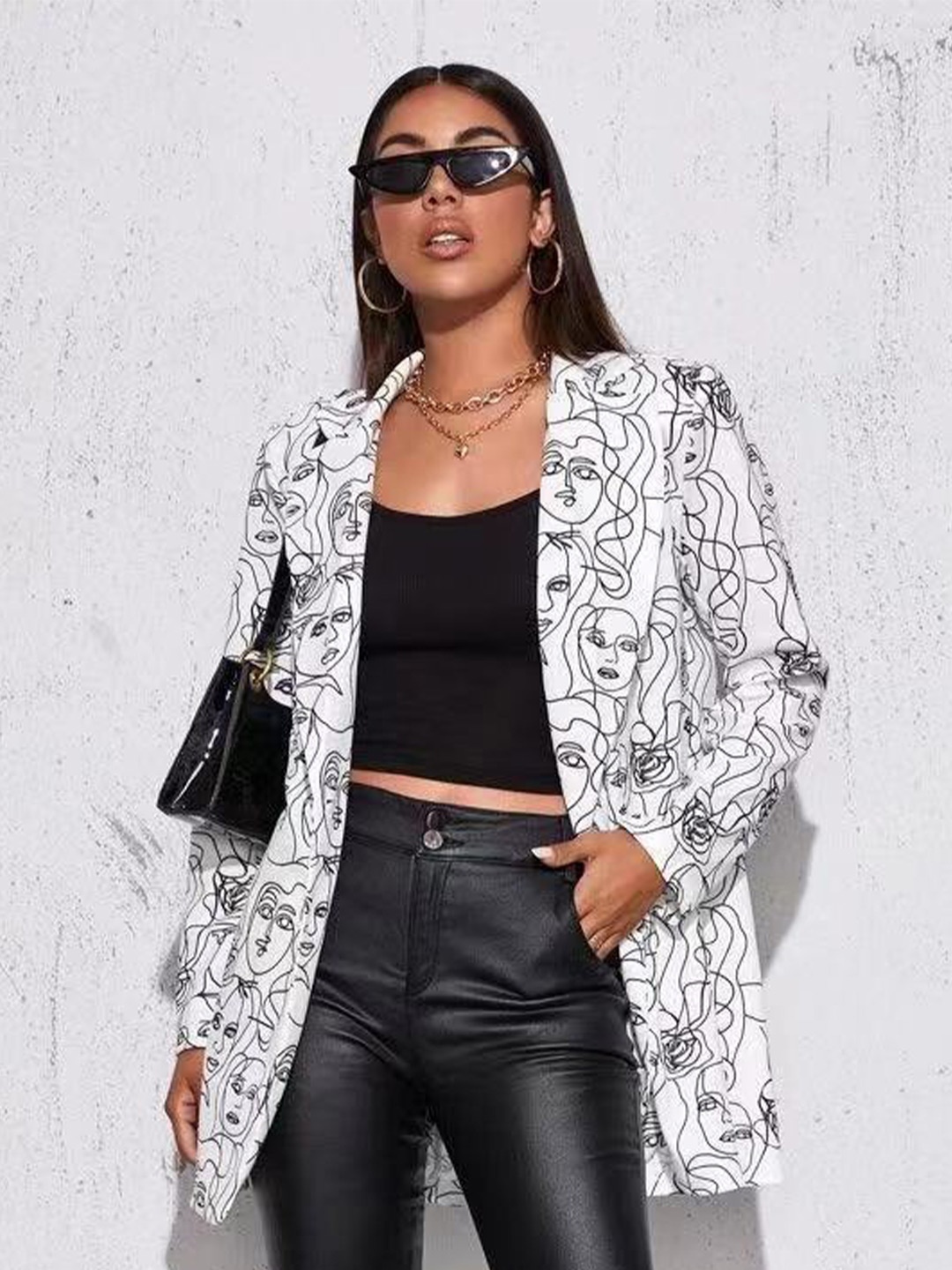 

StyleCast White Graphic Printed Notched Lapel Single-Breasted Longline Casual Blazer