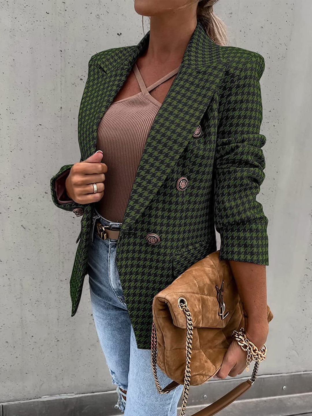 

StyleCast Green Checked Notched Lapel Single-Breasted Longline Casual Blazer