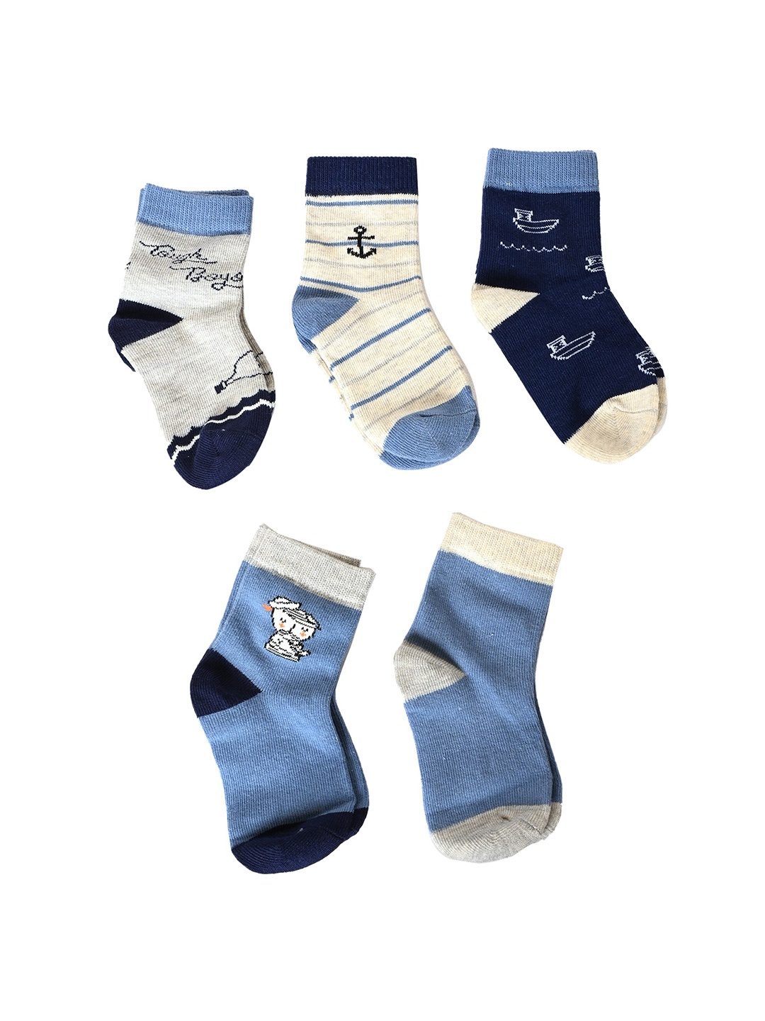 

BAESD Kids Pack Of 5 Patterned Anti-Skid Ankle Length Socks, Blue
