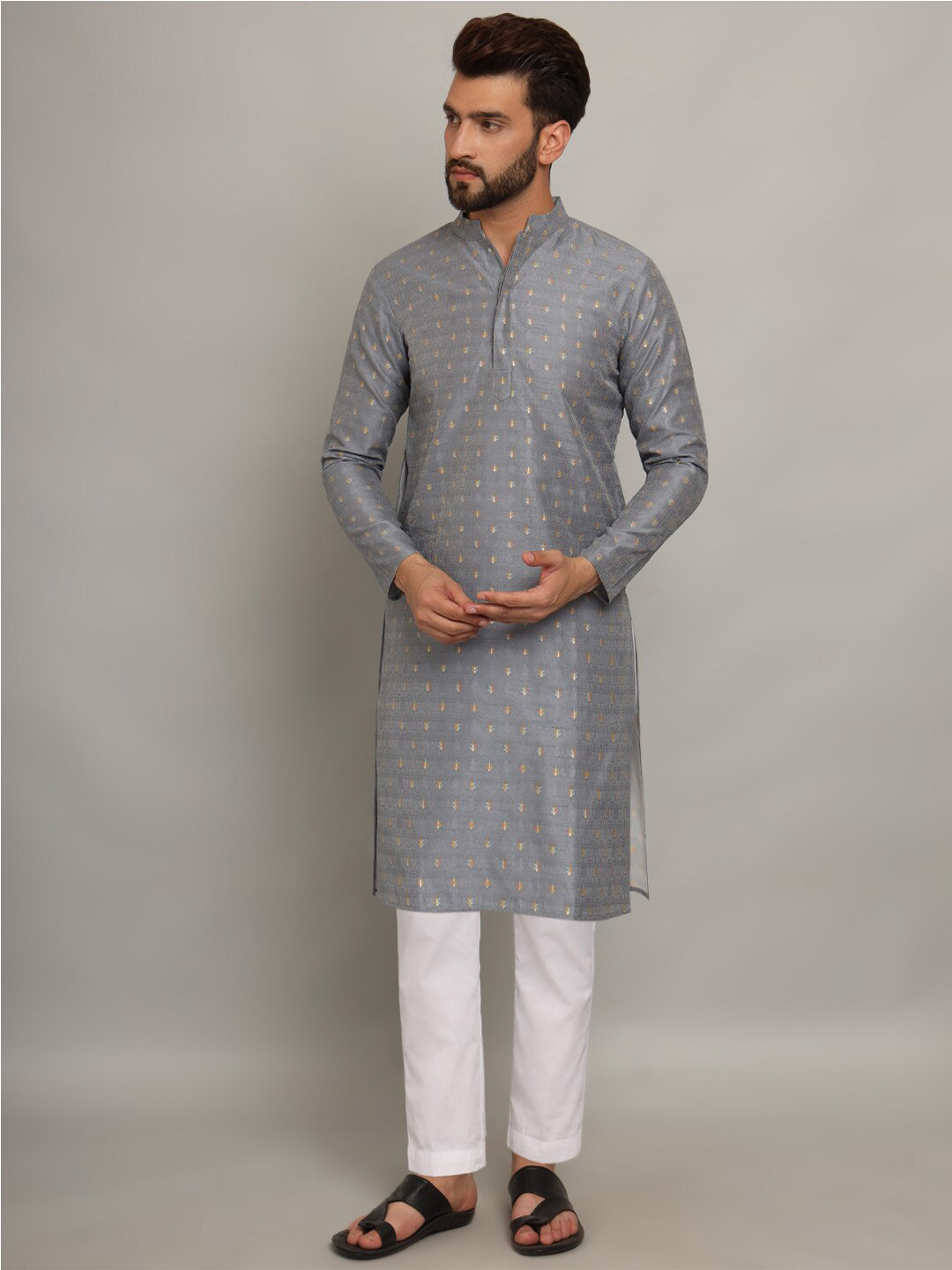 

FABDYOR Mandarin collar Floral Jacquard Kurta, Grey