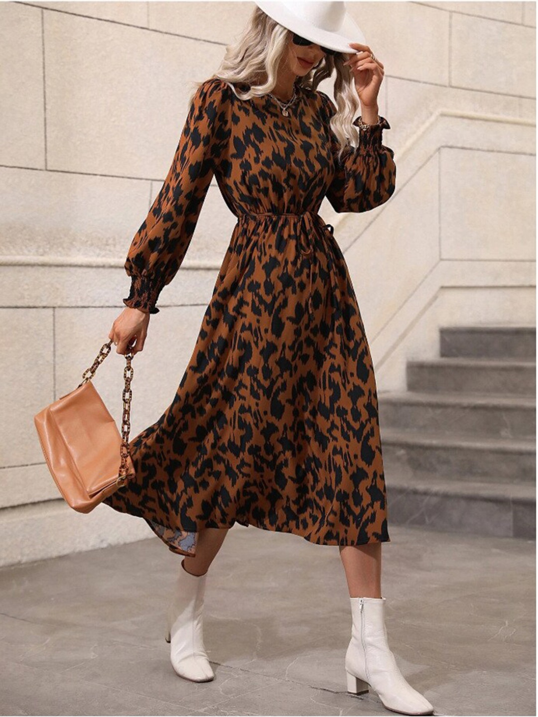 

StyleCast Animal Printed Round Neck Knee Length A-Line Dresses, Coffee brown