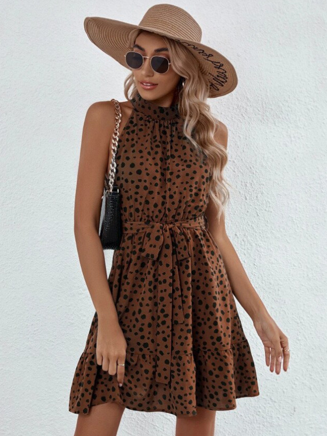 

StyleCast Animal Printed Round Neck Knee Length A-Line Dresses, Coffee brown