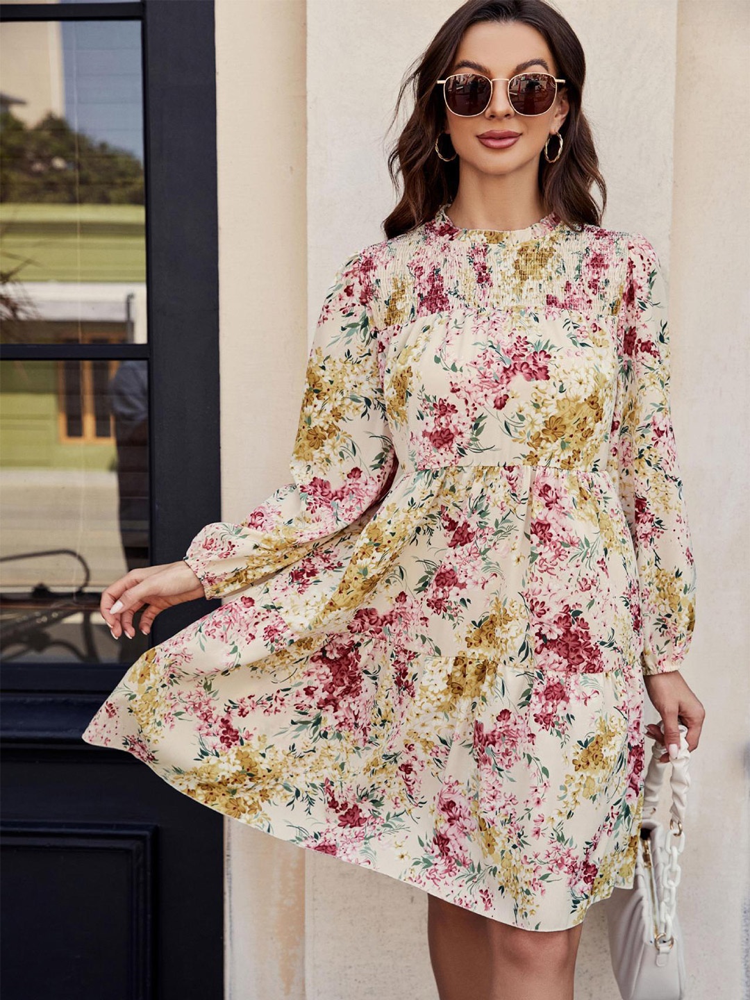 

StyleCast Yellow & oyster white Floral Print Puff Sleeve Fit & Flare Dress