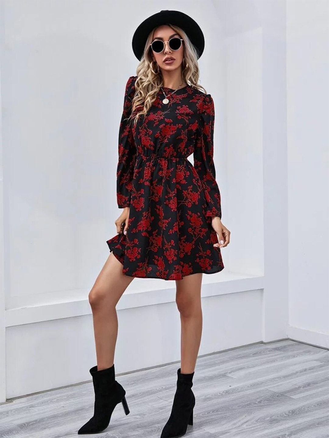 

StyleCast Red & brown Floral Printed Puff Sleeve Fit & Flare Dress