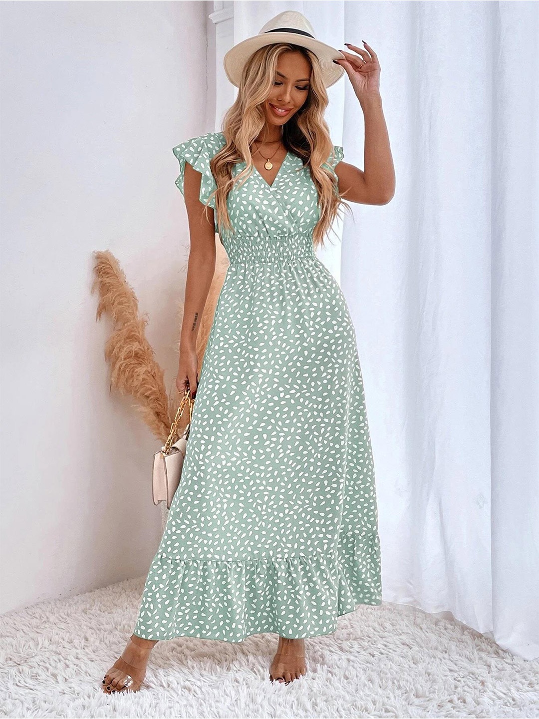 

StyleCast Green Print Flutter Sleeve A-Line Maxi Dress