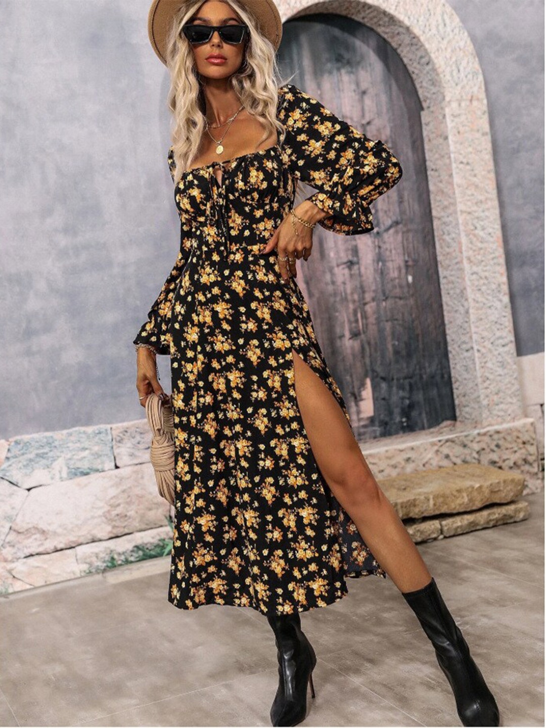 

StyleCast Printed Round Neck Three-Quarter Sleeves Casual Dress, Gold