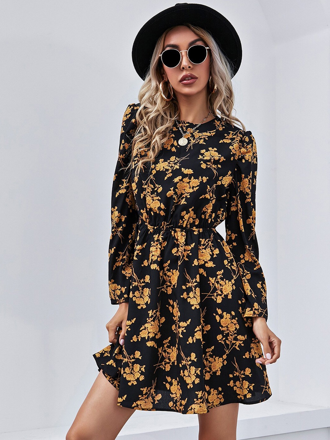 

StyleCast Yellow & Black Floral Printed Mock Neck Fit and Flare Dress