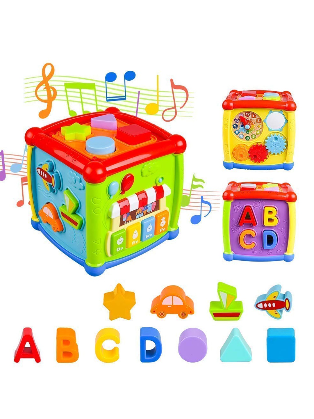 

OPINA 5 in 1 Early Learning Shape Sorter Activity Fancy Cube with Music & Light, Red