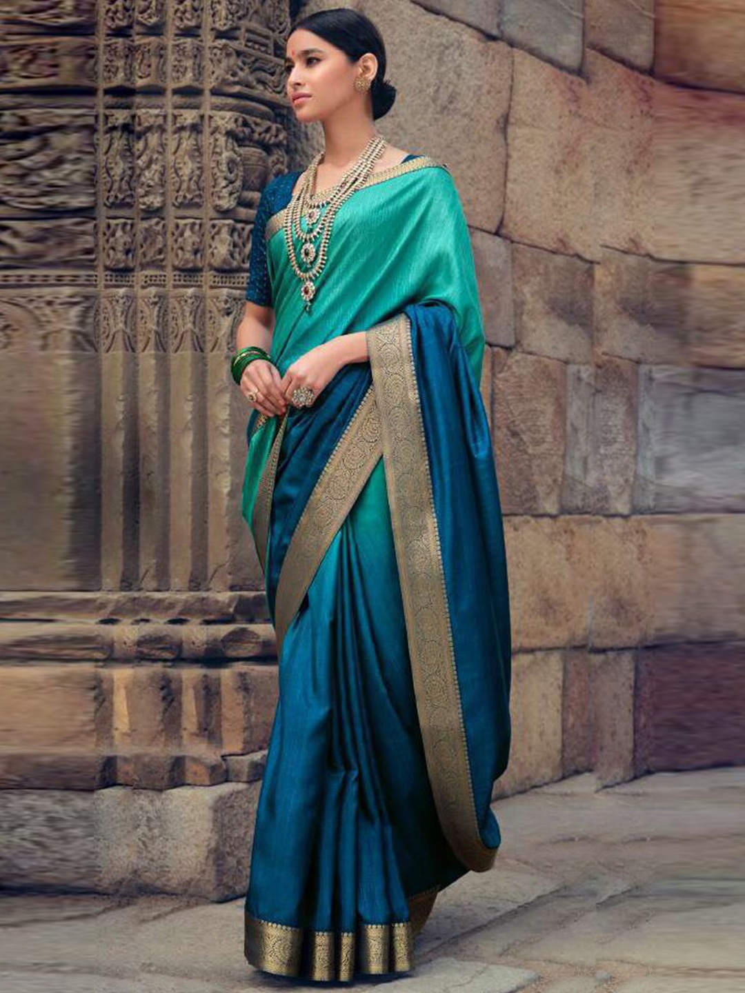 

NK Textiles Ombre Woven Design Zari Tussar Saree, Teal