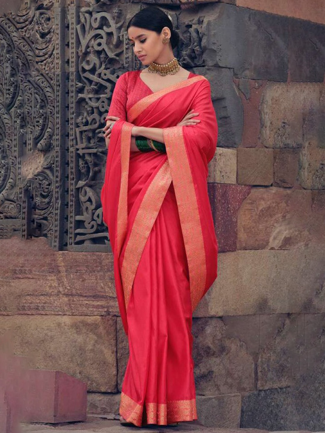 

NK Textiles Woven Design Zari Tussar Saree, Coral