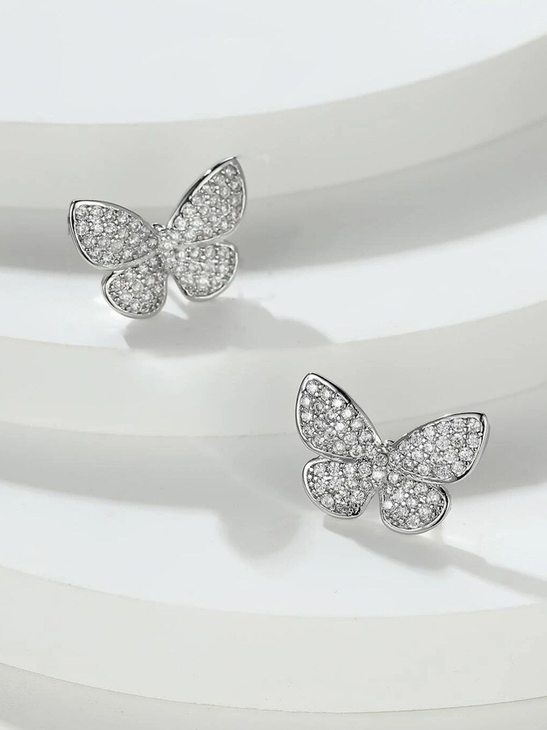 

Krelin Platinum-Plated CZ Stone-Studded Butterfly Shaped Studs Earrings, Silver