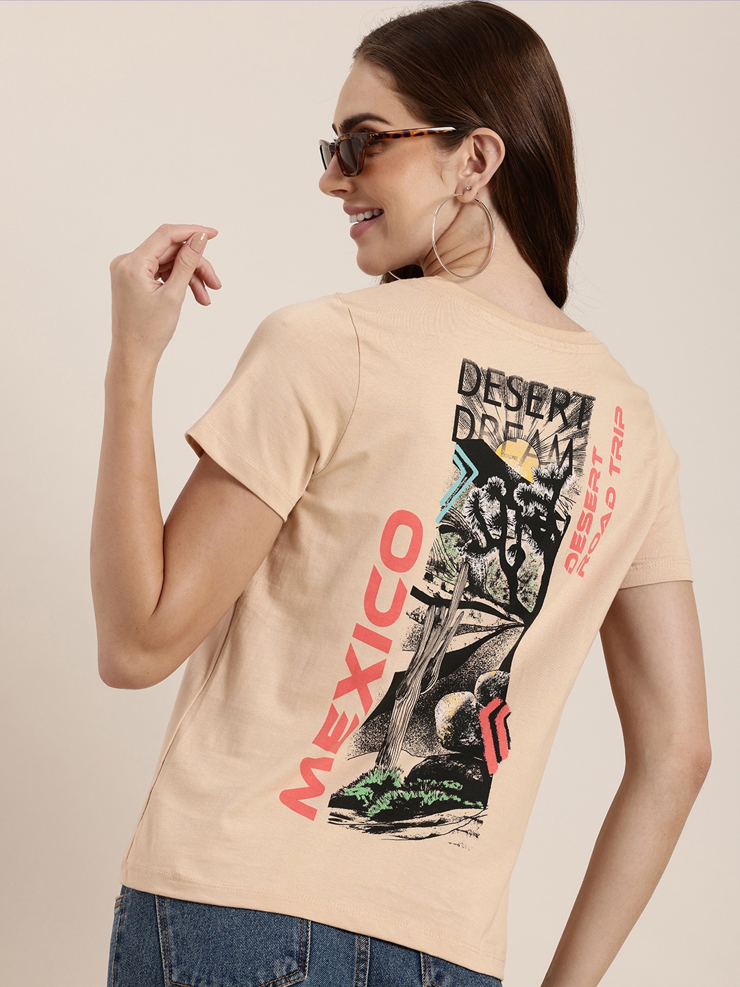 

HERE&NOW Pure Cotton Graphic Printed T-shirt, Beige