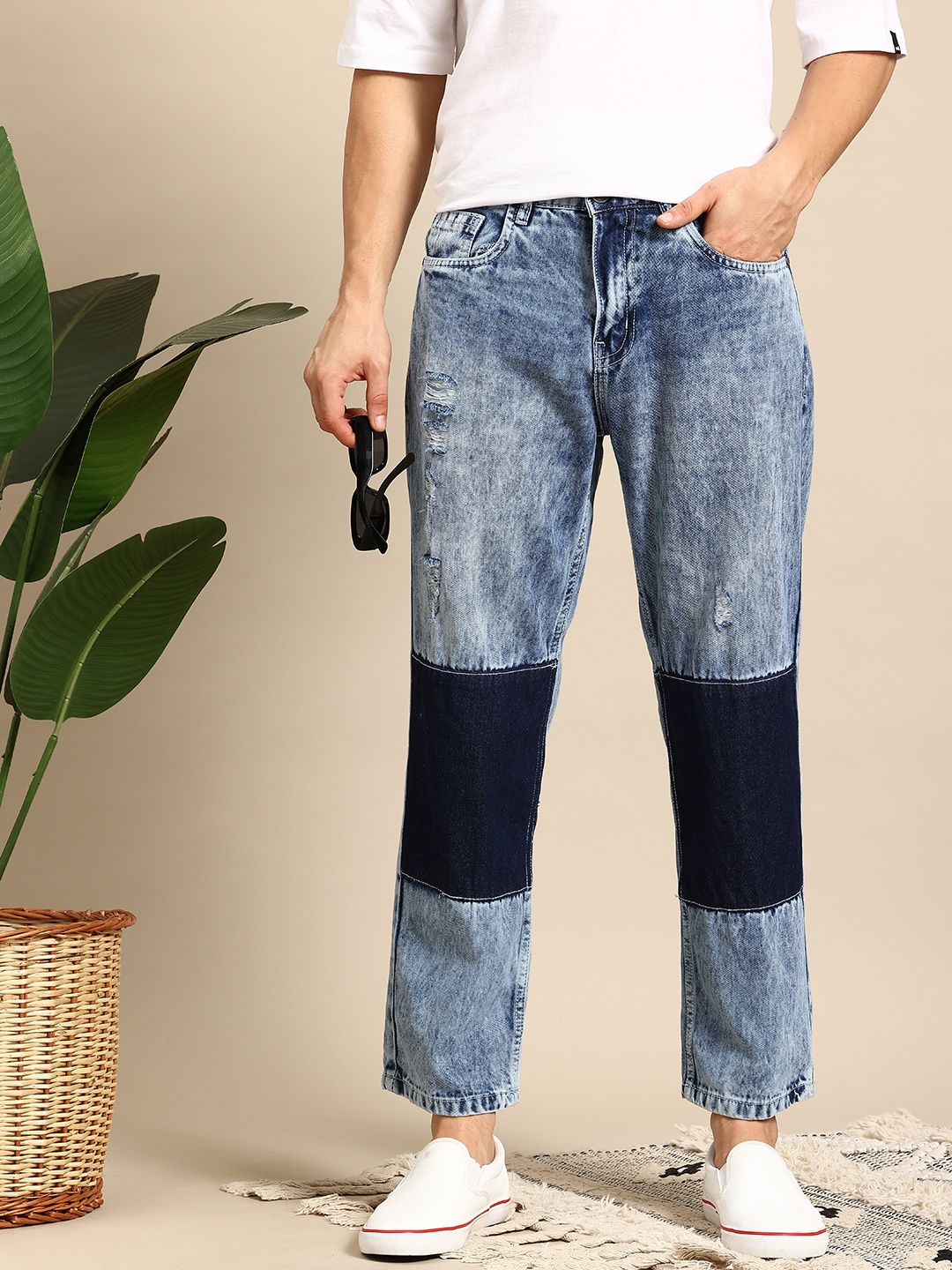 

Mast & Harbour Men Straight Fit Ripped & Panelled Jeans, Blue