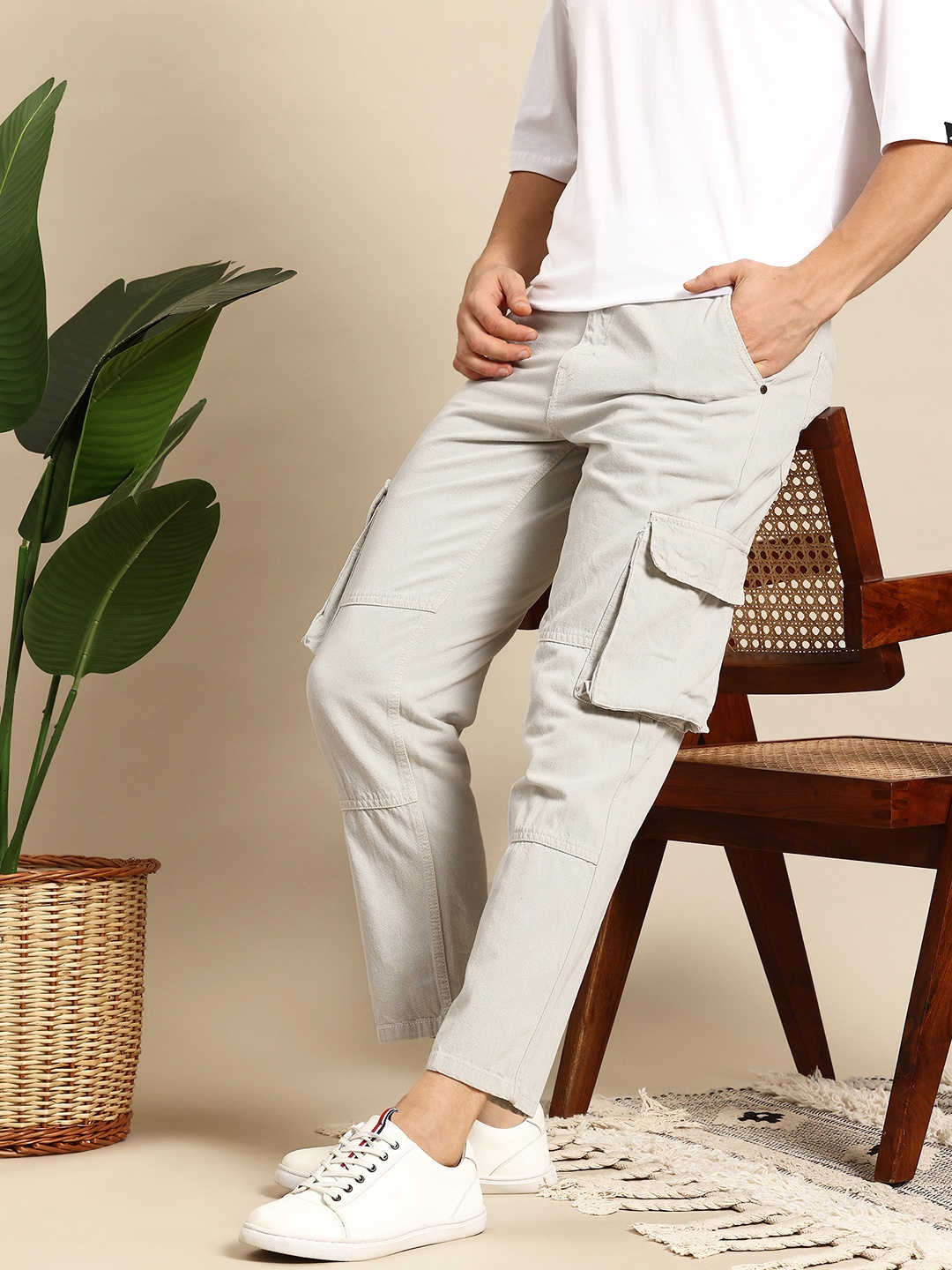 

Mast & Harbour Men Relaxed Fit Cargo Style Jeans, Beige