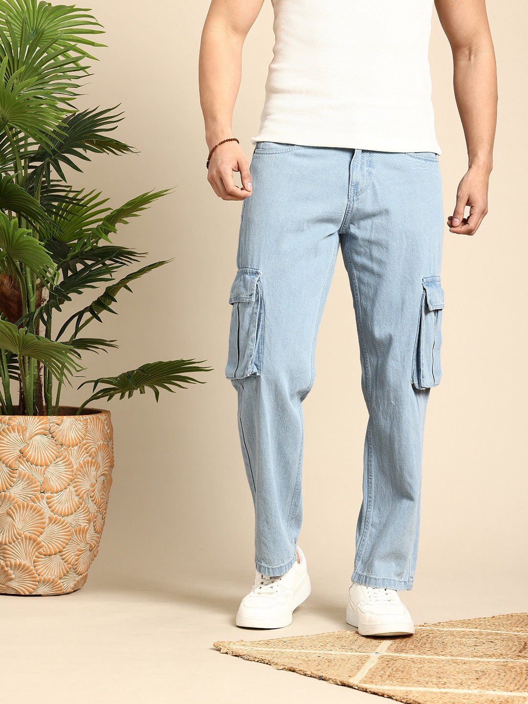 

Mast & Harbour Men Straight Fit Pure Cotton Cargo Style Jeans, Blue