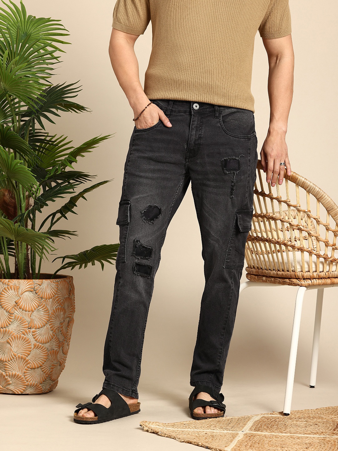 

Mast & Harbour Men Slim Fit Highly Distressed Light Fade Cargo Style Stretchable Jeans, Black