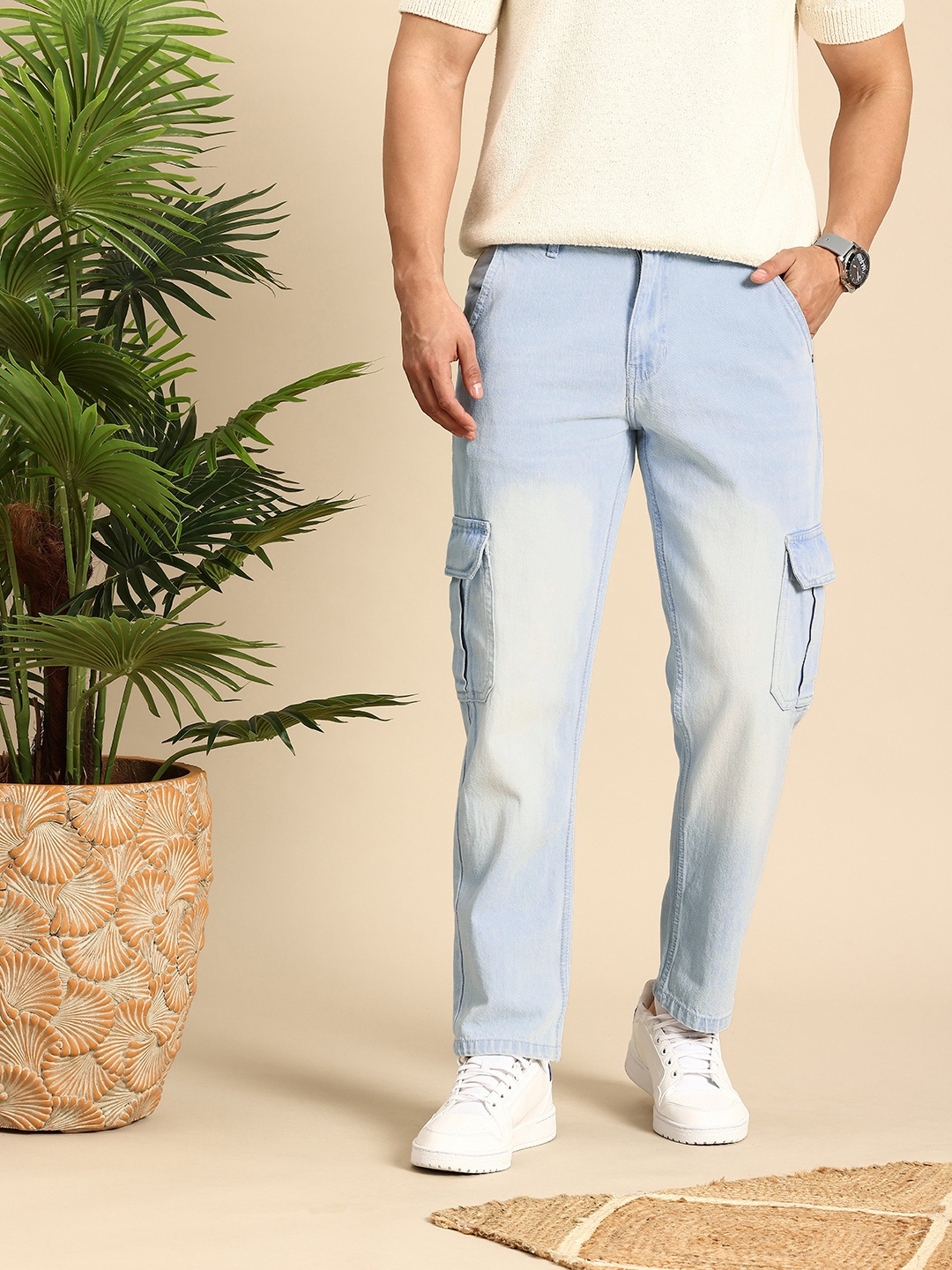 

Mast & Harbour Men Relaxed Fit Light Fade Pure Cotton Cargo Styles Jeans, Blue