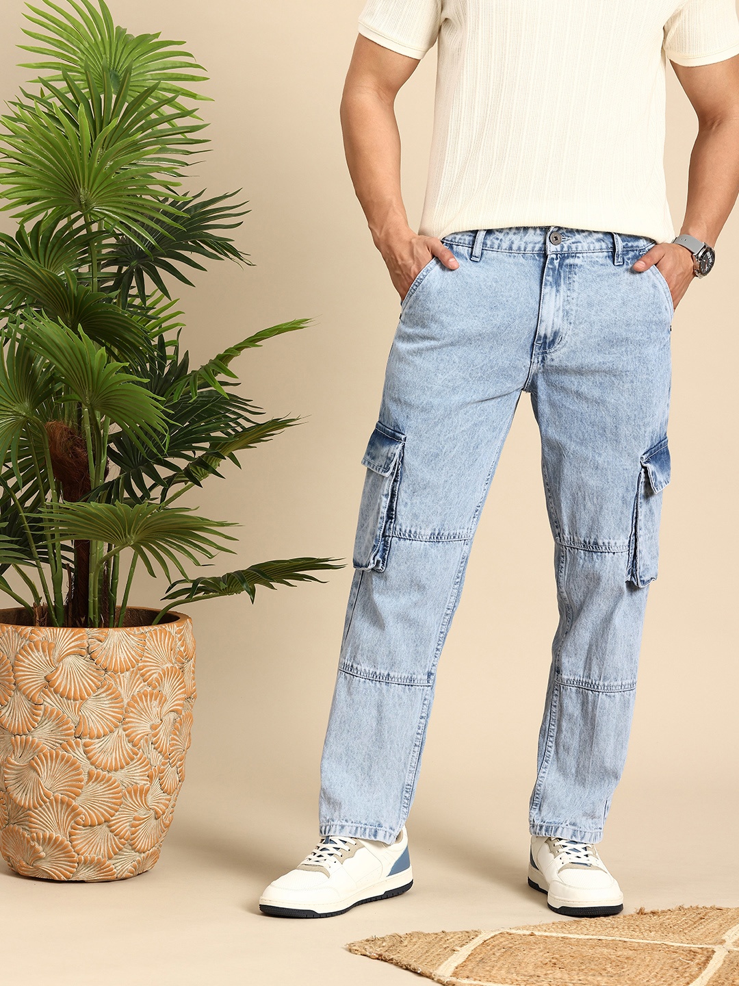 

Mast & Harbour Men Relaxed Fit Heavy Fade Pure Cotton Cargo Styles Jeans, Blue