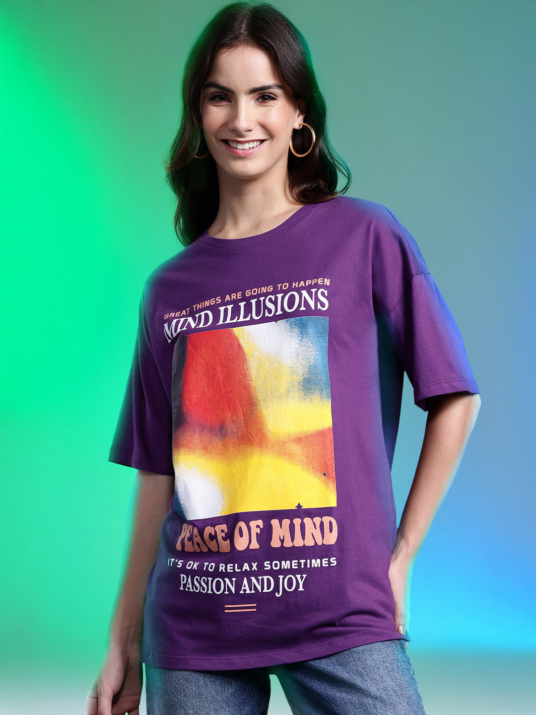 

DressBerry Printed Drop-Shoulder Sleeves Pure Cotton T-shirt, Purple