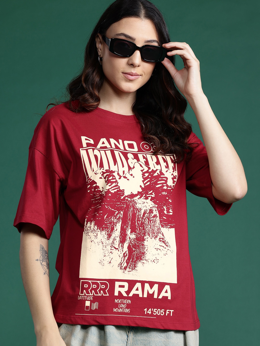 

DressBerry Printed Drop-Shoulder Sleeves Pure Cotton T-shirt, Red