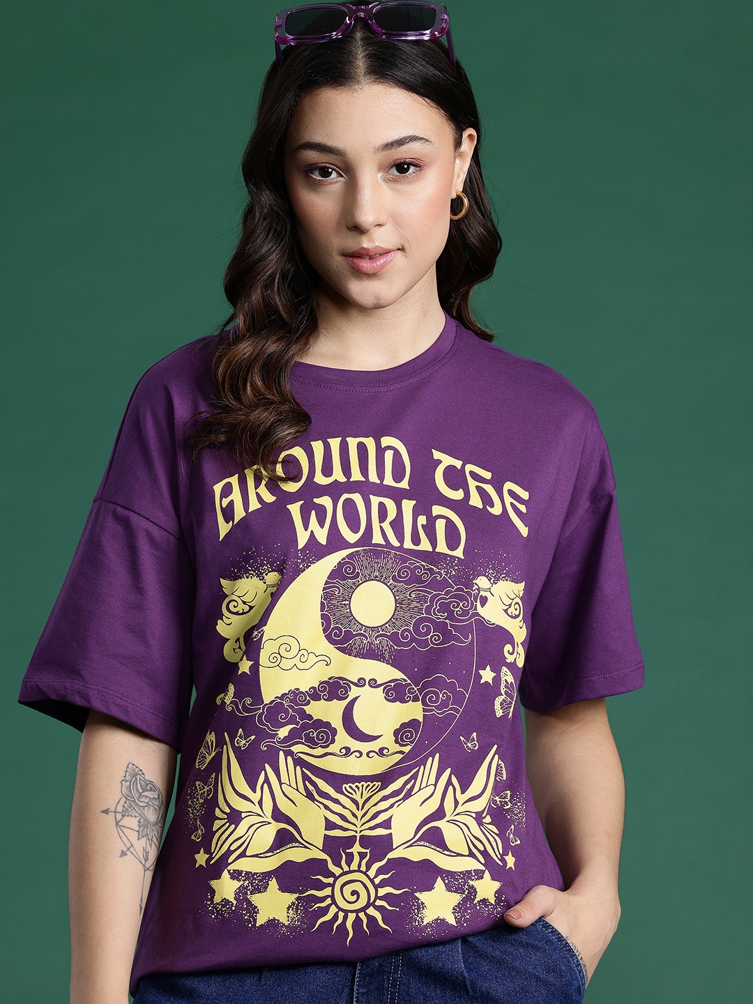 

DressBerry Printed Drop-Shoulder Sleeves T-shirt, Purple