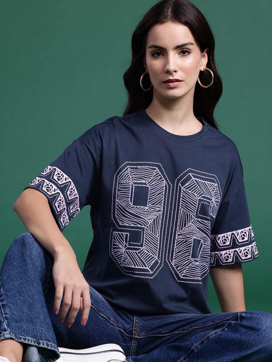 

DressBerry Typography Printed Drop-Shoulder Sleeves Pure Cotton T-shirt, Navy blue