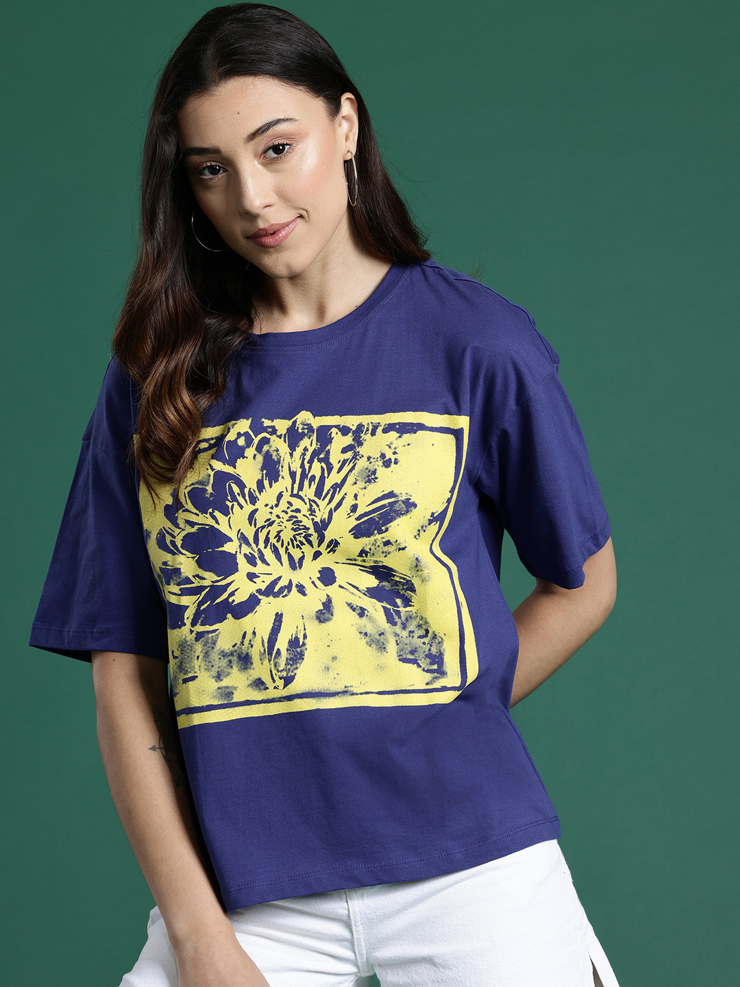 

DressBerry Printed Drop-Shoulder Sleeves Pure Cotton T-shirt, Blue