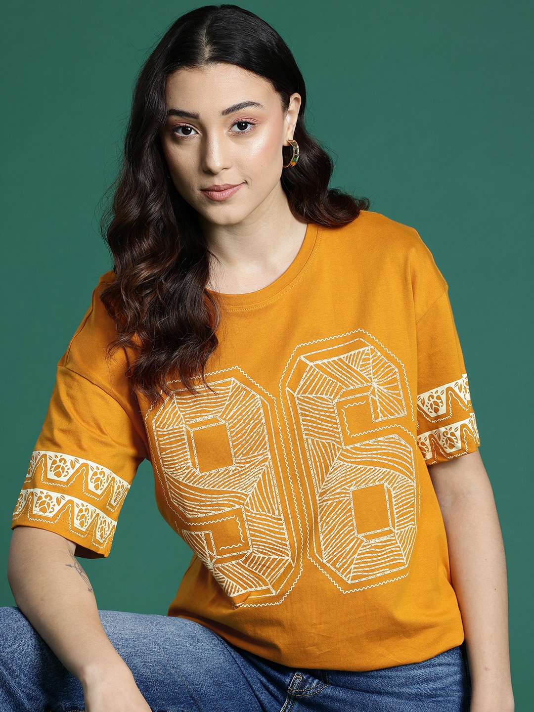

DressBerry Printed Drop-Shoulder Sleeves T-shirt, Mustard