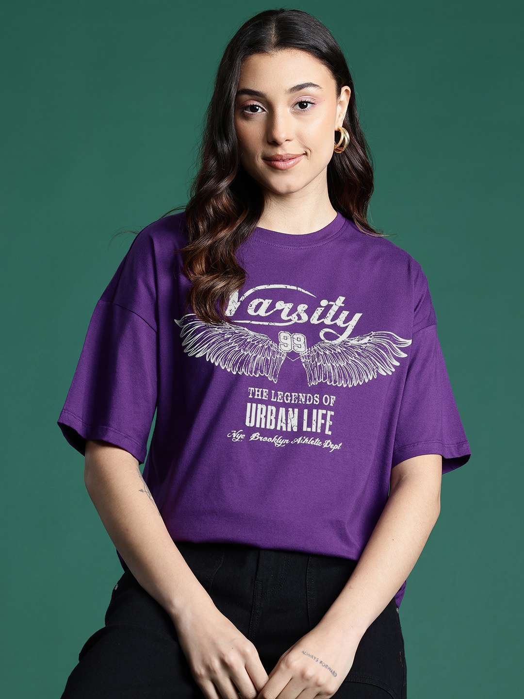 

DressBerry Typography Printed Drop-Shoulder Sleeves Pure Cotton T-shirt, Purple