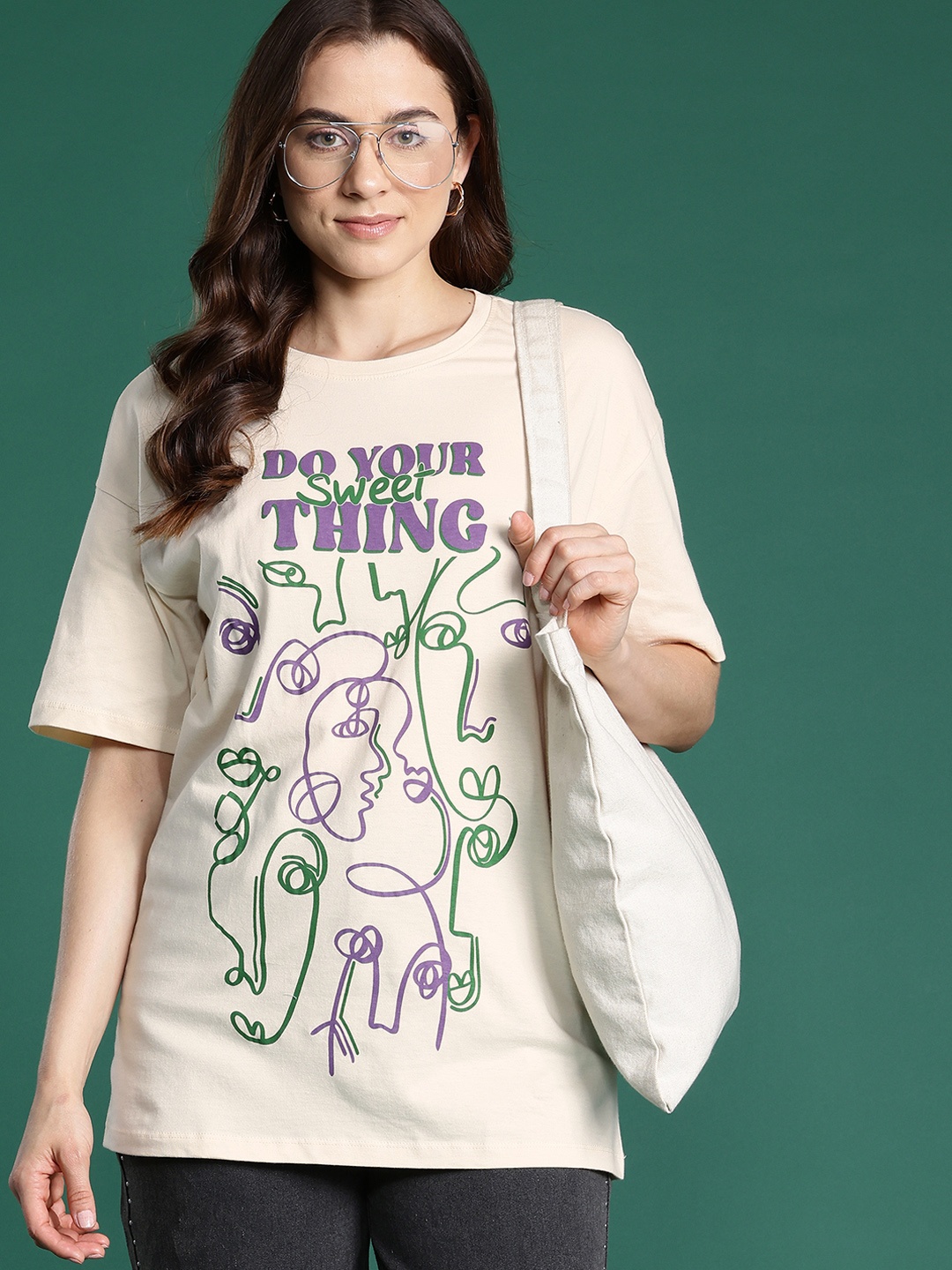 DressBerry Printed Drop-Shoulder Sleeves Pure Cotton Relaxed T-shirt, Off white